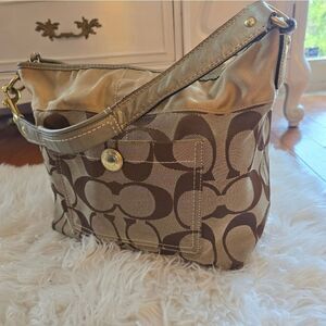 Coach Brown and Tan Hobo Bag with Signature Monogram **